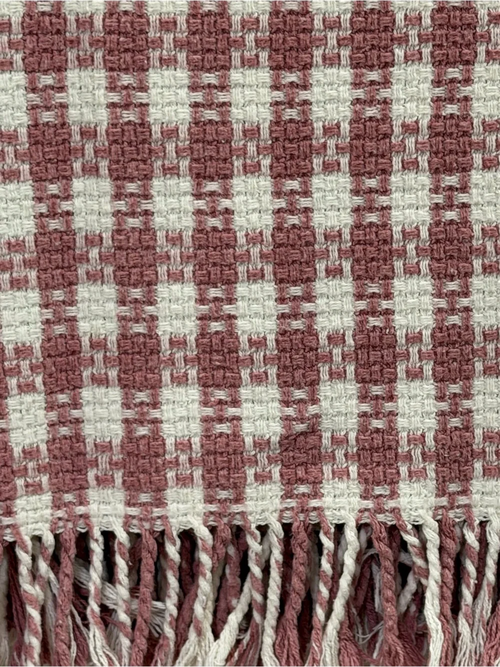 Dusty Rose & White Plaid Fringe Throw Blanket